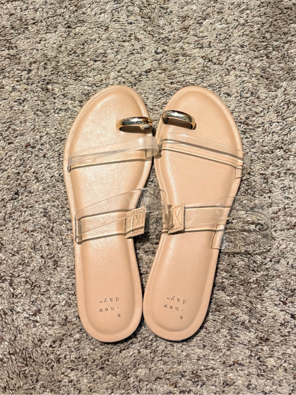 Target Nude Slide Sandals with Clear Straps and Gold Accent